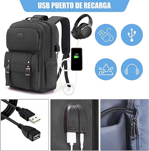 A TUQI Mochila para Laptop portátil, Mochila de viaje, mochila de tipo casual para hombres y mujeres, impermeable y la tela durable con bolsillos multifuncionales, para el viaje, negocios, etc. Negra.