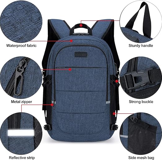 A Mochila antirrobo, Mochila Impermeable,DOXUNGOO Mochila para portátil Hombre Mujer Mochila paracon bloqueo y con USB Puerto y puerto audífonos para Laptop hasta 15.6 pulgadas (azul).