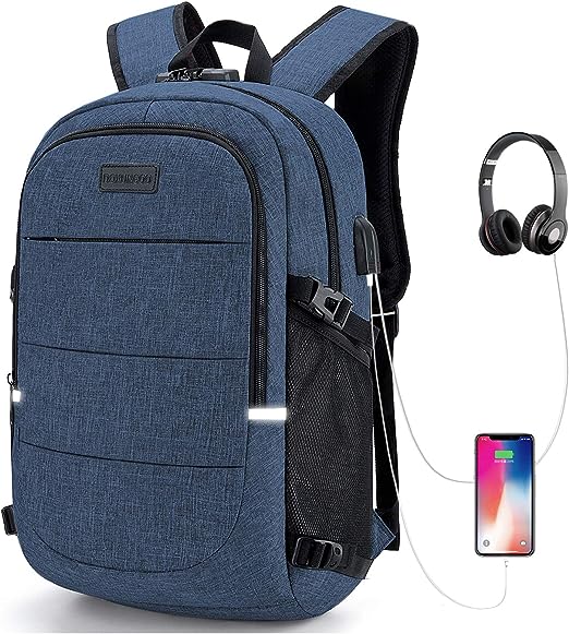 A Mochila antirrobo, Mochila Impermeable,DOXUNGOO Mochila para portátil Hombre Mujer Mochila paracon bloqueo y con USB Puerto y puerto audífonos para Laptop hasta 15.6 pulgadas (azul).