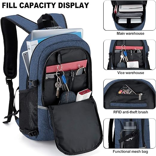 A Mochila antirrobo, Mochila Impermeable,DOXUNGOO Mochila para portátil Hombre Mujer Mochila paracon bloqueo y con USB Puerto y puerto audífonos para Laptop hasta 15.6 pulgadas (azul).