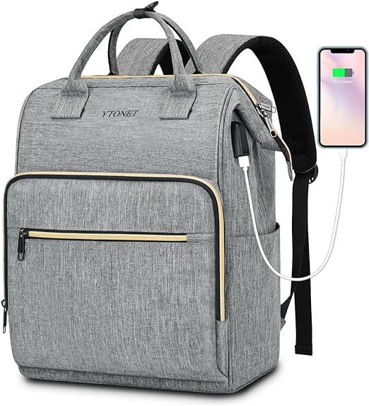 A Ytonet Mochila para Laptop Mujer，Mochila Impermeable y Resistente，Mochila Universitaria de 15.6 Pulgadas con Puerto USB，Mochila Ejecutiva de Trabajo, Backpack, Gris.