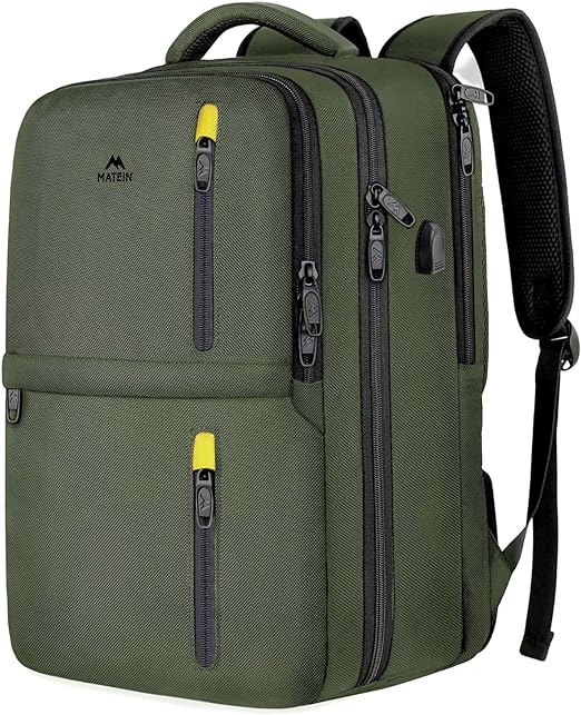 A MATEIN Mochila de Viaje, Mochila para Laptop con Puerto de Carga USB, Mochila de Viaje 10 kg Avión de 17.3 pulgadas, Verde.