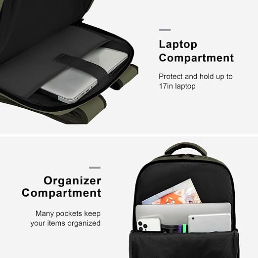A MATEIN Mochila de Viaje, Mochila para Laptop con Puerto de Carga USB, Mochila de Viaje 10 kg Avión de 17.3 pulgadas, Verde.