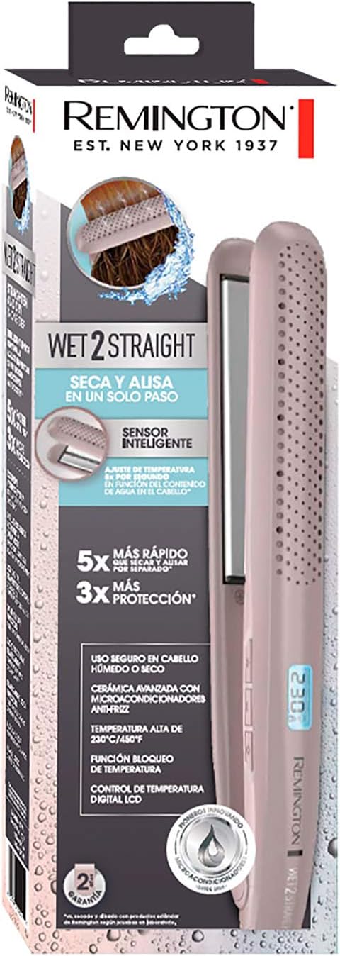 A Plancha Alaciadora Remington Wet2Straight Seca y Alisa en un solo paso con Placas de Cerámica y Microacondicionadores Antifrizz, S27A.