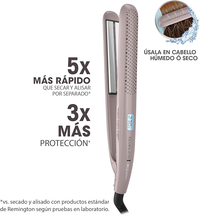 A Plancha Alaciadora Remington Wet2Straight Seca y Alisa en un solo paso con Placas de Cerámica y Microacondicionadores Antifrizz, S27A.