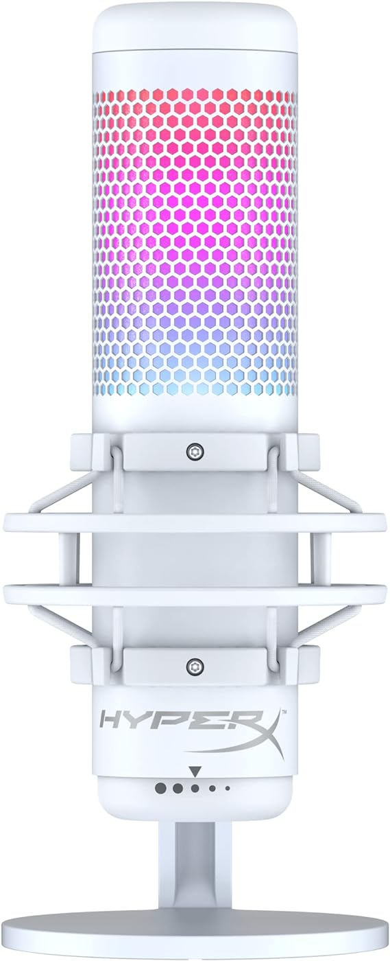 HyperX QuadCast S Blanco, Micrófono de Condensador USB RGB para PC, PS4 y Mac, Montaje antivibración, Cuatro Patrones Polares, Filtro Pop, Control de Ganancia, 519P0AA.