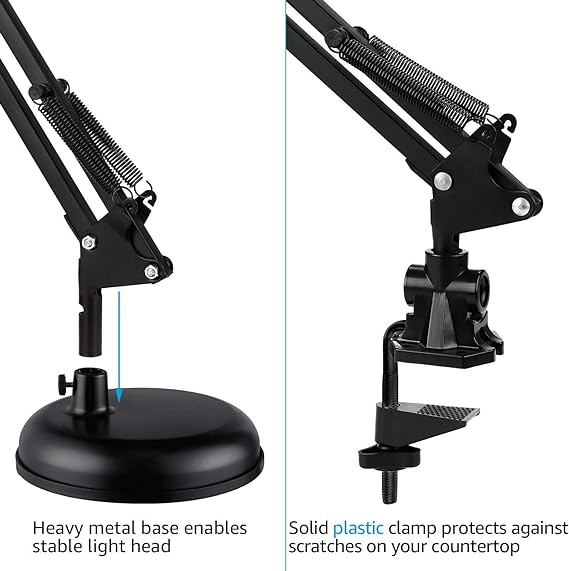 Salandens Lámpara de escritorio con brazo oscilante de metal, base o abrazadera intercambiable, lámpara de mesa de estudio clásica con clip de arquitecto, junta múltiple, brazo ajustable (Negro).