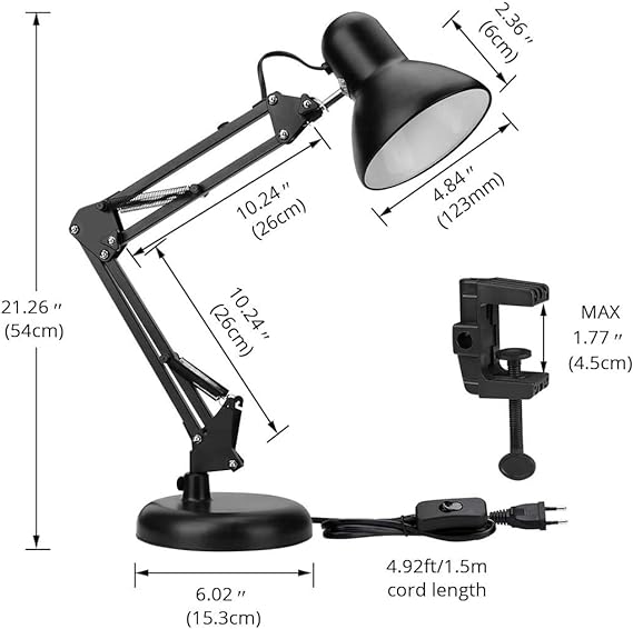 Salandens Lámpara de escritorio con brazo oscilante de metal, base o abrazadera intercambiable, lámpara de mesa de estudio clásica con clip de arquitecto, junta múltiple, brazo ajustable (Negro).