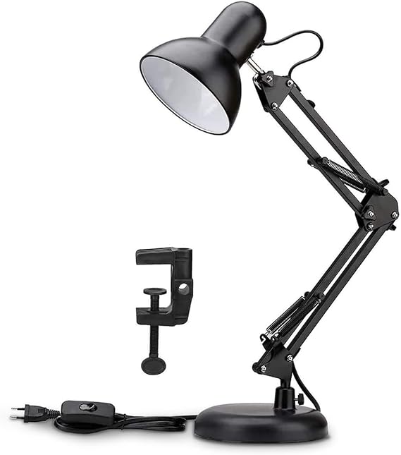 Salandens Lámpara de escritorio con brazo oscilante de metal, base o abrazadera intercambiable, lámpara de mesa de estudio clásica con clip de arquitecto, junta múltiple, brazo ajustable (Negro).