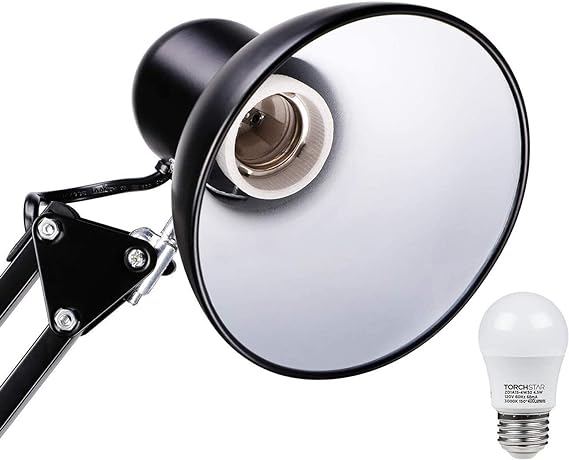Salandens Lámpara de escritorio con brazo oscilante de metal, base o abrazadera intercambiable, lámpara de mesa de estudio clásica con clip de arquitecto, junta múltiple, brazo ajustable (Negro).