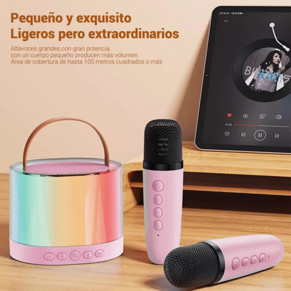 "Altavoz Bocina Bluetooth Portátil Con 2 Micrófonos Karaoke Ovalada Rosa "