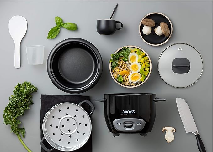 Aroma Housewares Arrocera y vaporizador de alimentos de 6 tazas (cocinada), color negro ARC-743-1NGB.