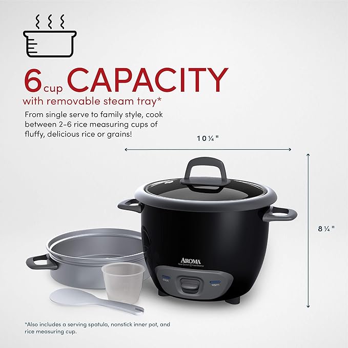 Aroma Housewares Arrocera y vaporizador de alimentos de 6 tazas (cocinada), color negro ARC-743-1NGB.