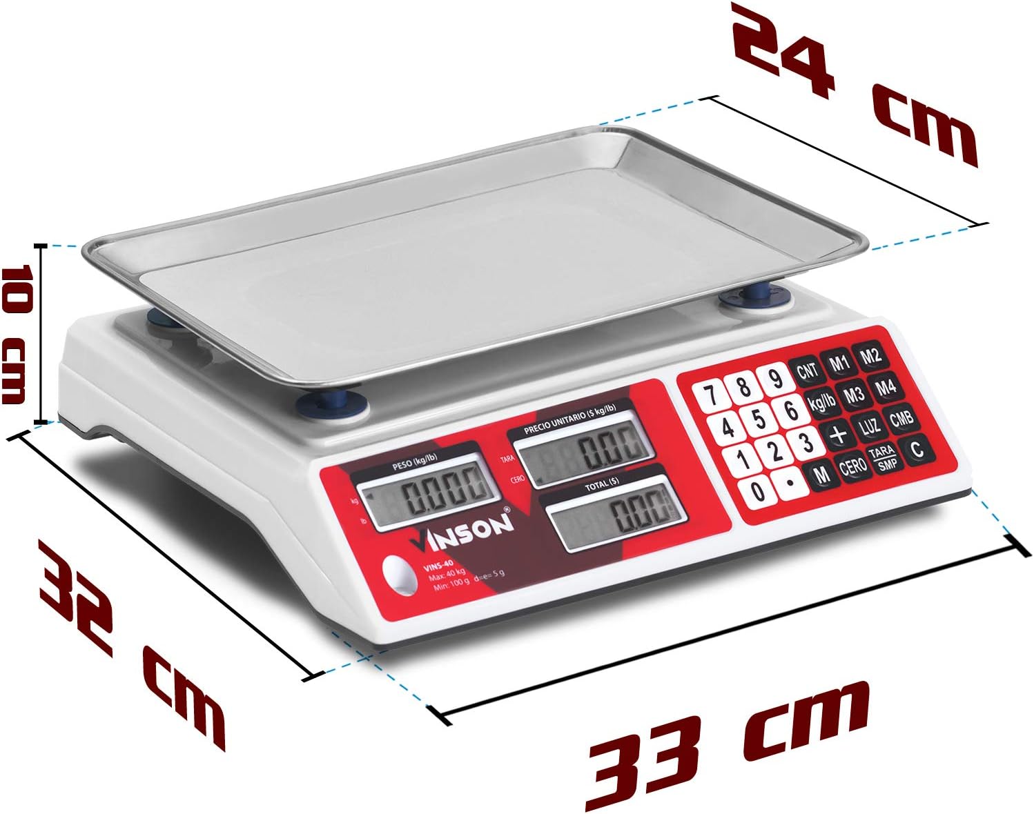 Báscula Digital Comercial, 40 kg / 5 g, Función TARA, Conteo de Piezas, Suma de Productos Pesados y Cálculo de Cambio, Batería Recargable, Incluye Cargador y Mica , VINS-40.