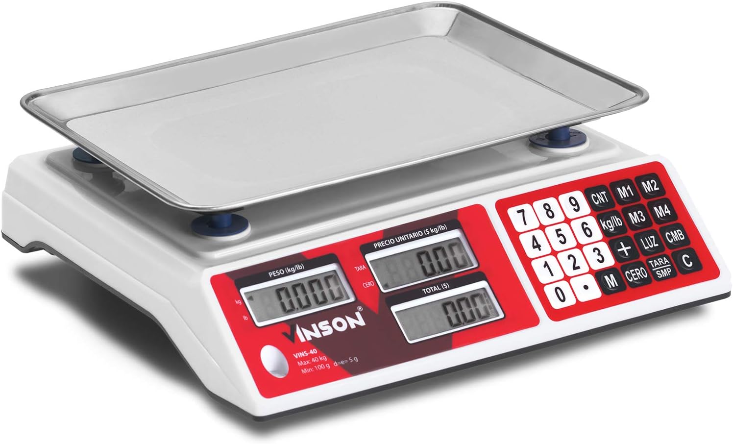 Báscula Digital Comercial, 40 kg / 5 g, Función TARA, Conteo de Piezas, Suma de Productos Pesados y Cálculo de Cambio, Batería Recargable, Incluye Cargador y Mica , VINS-40.