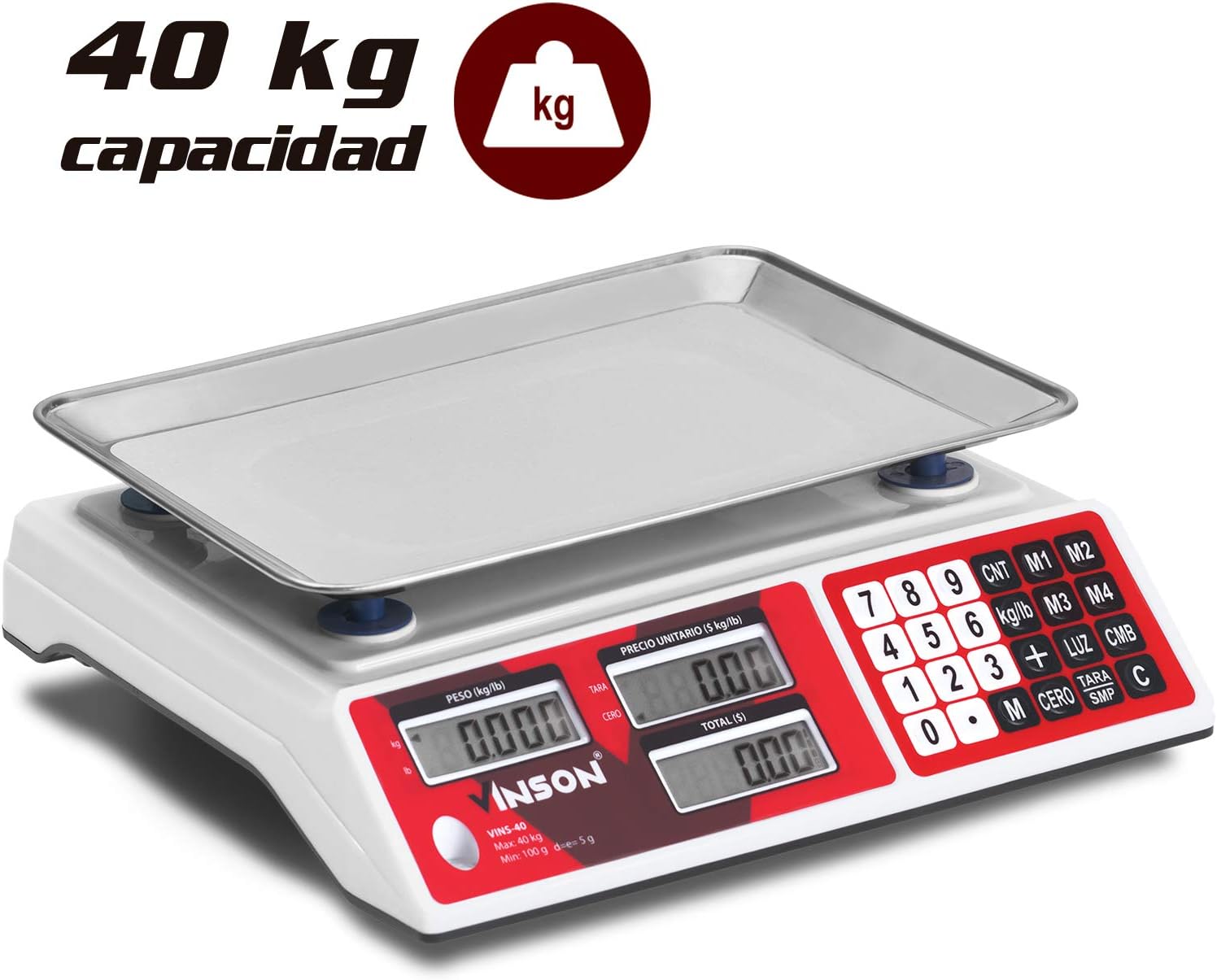 Báscula Digital Comercial, 40 kg / 5 g, Función TARA, Conteo de Piezas, Suma de Productos Pesados y Cálculo de Cambio, Batería Recargable, Incluye Cargador y Mica , VINS-40.