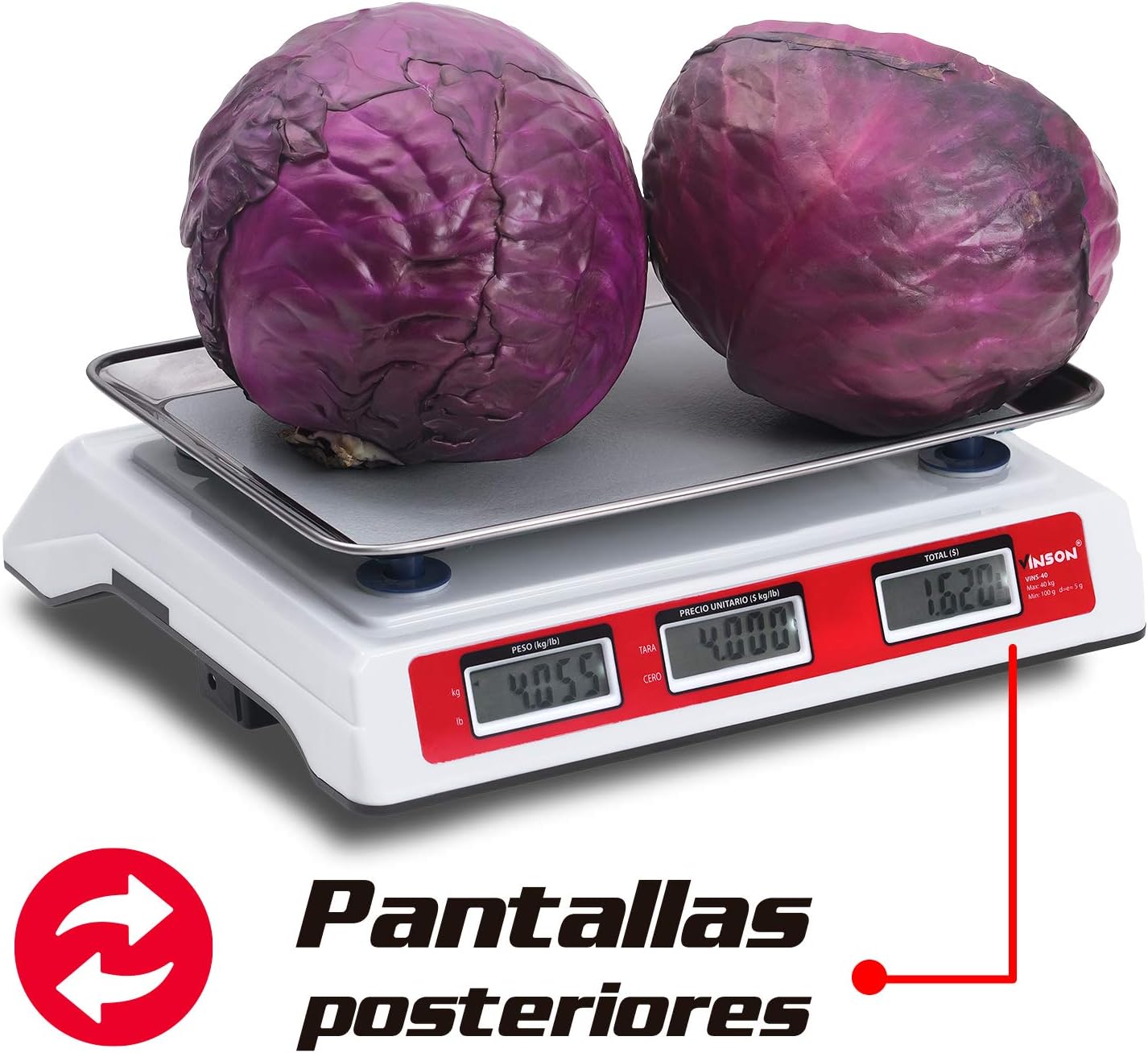 Báscula Digital Comercial, 40 kg / 5 g, Función TARA, Conteo de Piezas, Suma de Productos Pesados y Cálculo de Cambio, Batería Recargable, Incluye Cargador y Mica , VINS-40.