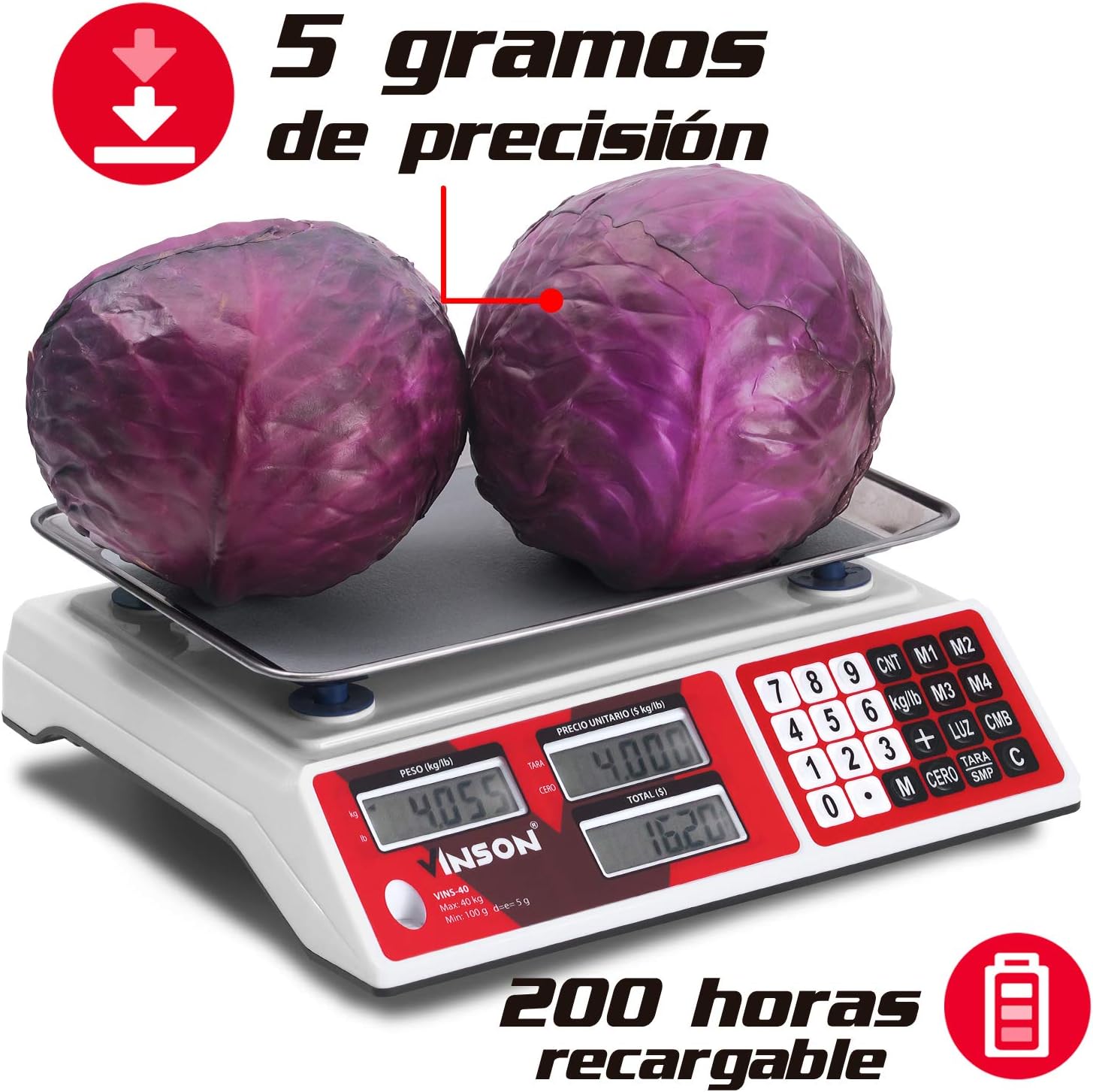 Báscula Digital Comercial, 40 kg / 5 g, Función TARA, Conteo de Piezas, Suma de Productos Pesados y Cálculo de Cambio, Batería Recargable, Incluye Cargador y Mica , VINS-40.