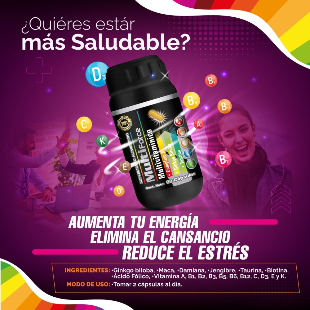 MultiForce es un Multivitamínico, Complejo B y Ingredientes Naturales con Vitaminas ideales y tiene 60 Cápsulas.