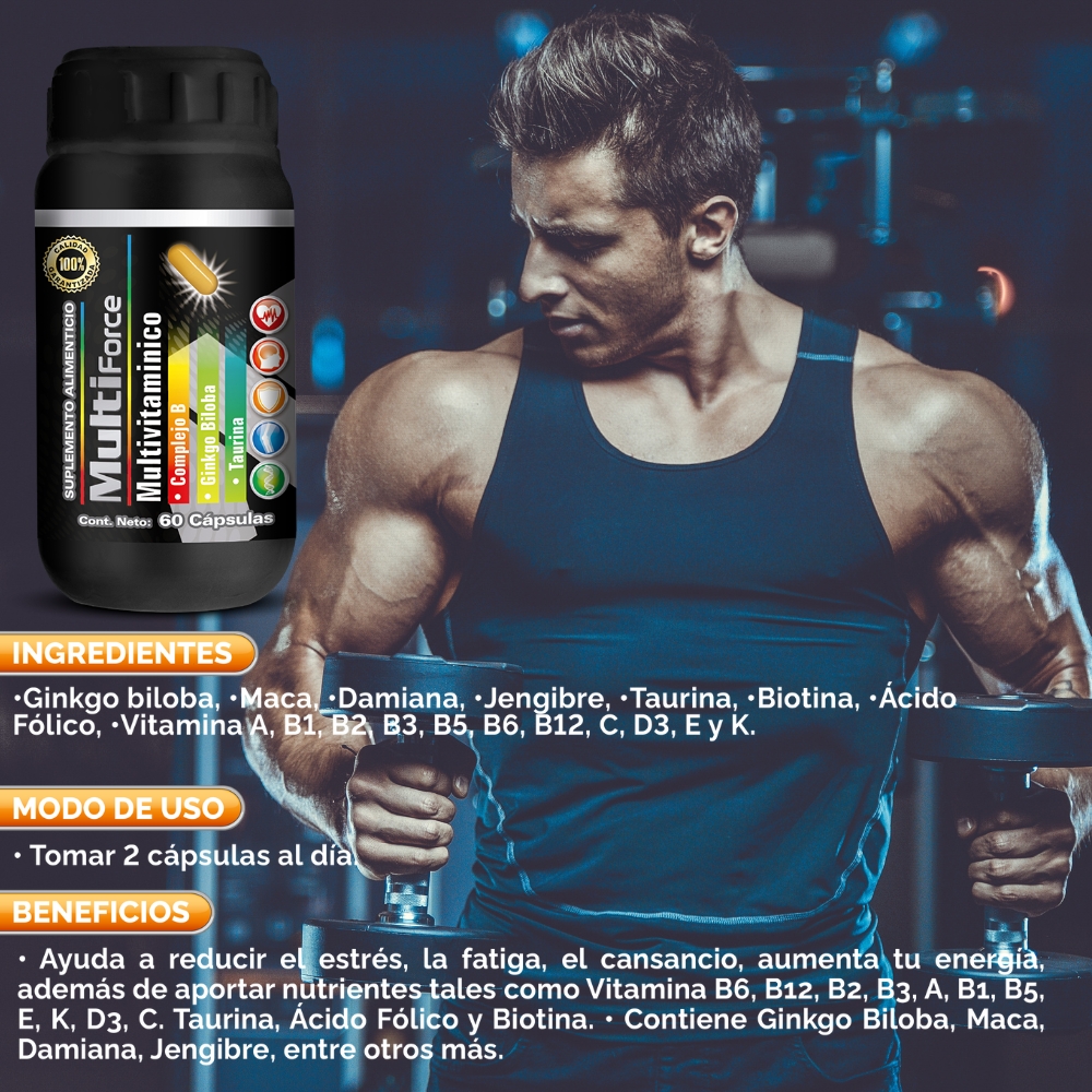 MultiForce es un Multivitamínico, Complejo B y Ingredientes Naturales con Vitaminas ideales y tiene 60 Cápsulas.