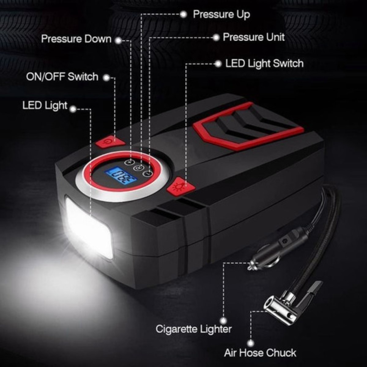 "Compresor Inflador De Llanta Bomba De Aire Para Auto Lcd negro rojo "