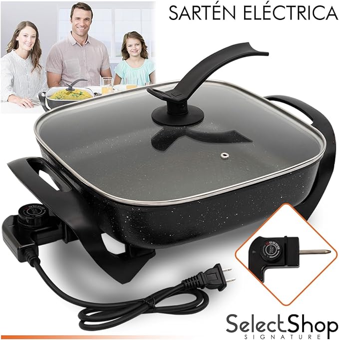 SELECTSHOP Sarten Electrico, Sartén Antiadherente, Tapa de Vidrio, Sartén Ahorrador con Autoapagado, Sarten Electrica con Termostato y Control de Temperatura.