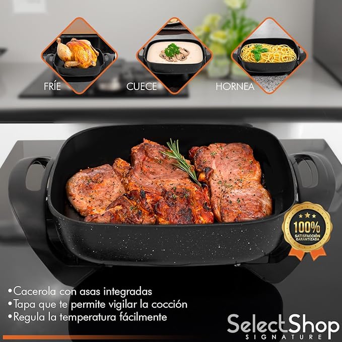 SELECTSHOP Sarten Electrico, Sartén Antiadherente, Tapa de Vidrio, Sartén Ahorrador con Autoapagado, Sarten Electrica con Termostato y Control de Temperatura.