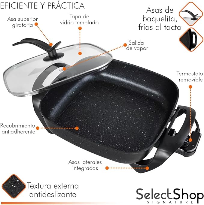 SELECTSHOP Sarten Electrico, Sartén Antiadherente, Tapa de Vidrio, Sartén Ahorrador con Autoapagado, Sarten Electrica con Termostato y Control de Temperatura.