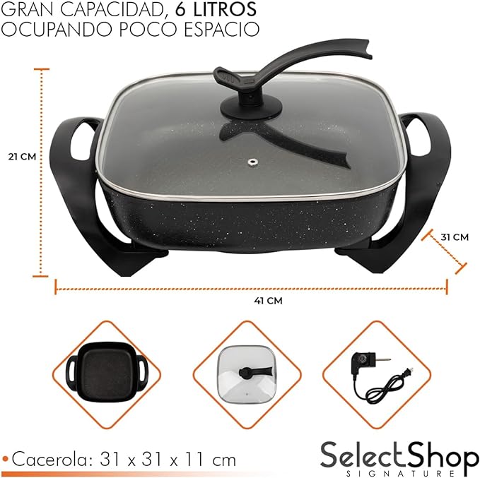 SELECTSHOP Sarten Electrico, Sartén Antiadherente, Tapa de Vidrio, Sartén Ahorrador con Autoapagado, Sarten Electrica con Termostato y Control de Temperatura.