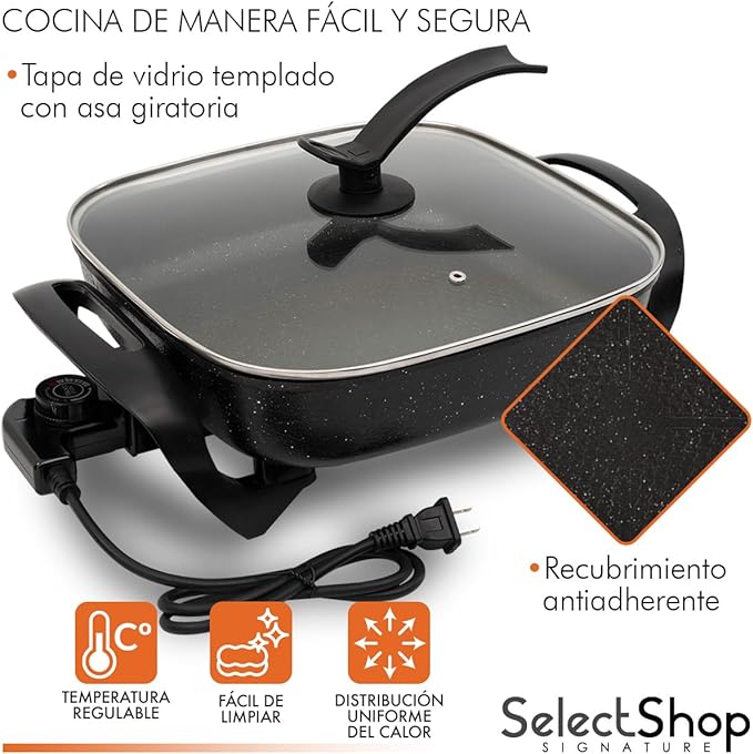 SELECTSHOP Sarten Electrico, Sartén Antiadherente, Tapa de Vidrio, Sartén Ahorrador con Autoapagado, Sarten Electrica con Termostato y Control de Temperatura.
