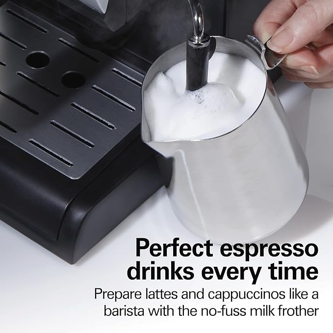 A Hamilton Beach 40715 Cafetera Espresso, 2 Tazas, Cappuccino, Mocha y Latte, 15 Bares, Negro y Plata.