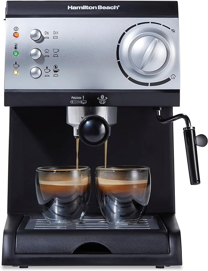 A Hamilton Beach 40715 Cafetera Espresso, 2 Tazas, Cappuccino, Mocha y Latte, 15 Bares, Negro y Plata.