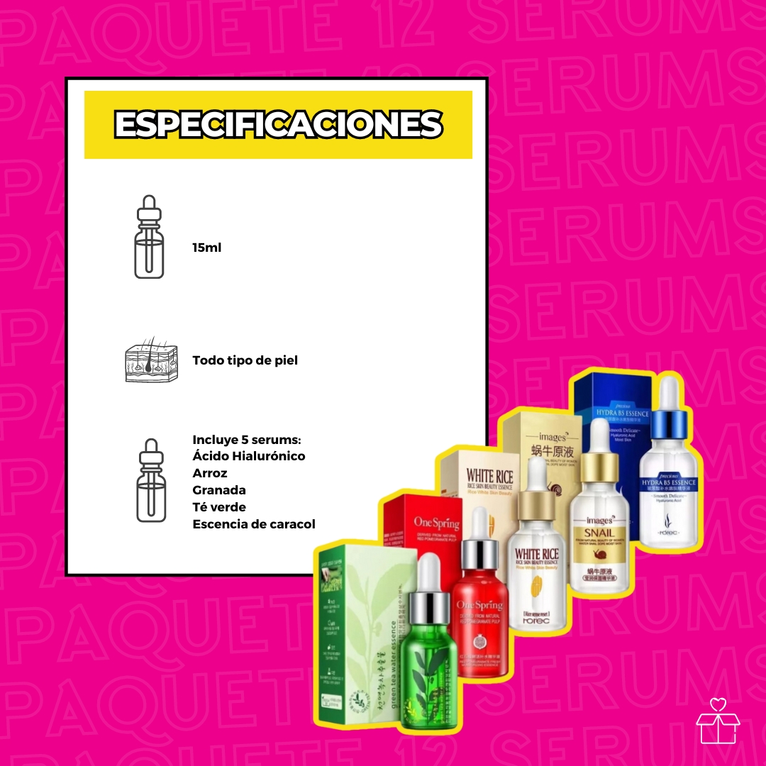 5 Serum Acido Hialuronico, White Rice, Te Verde, Granada y Baba Caracol.