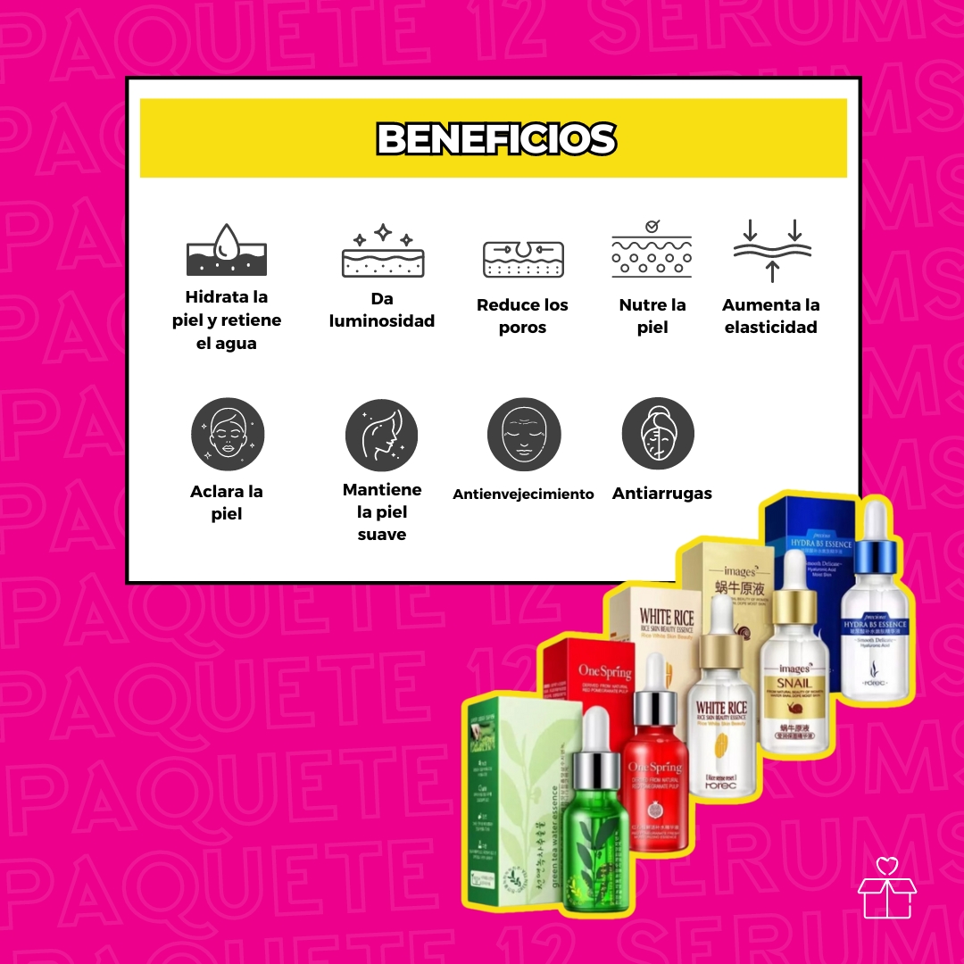 5 Serum Acido Hialuronico, White Rice, Te Verde, Granada y Baba Caracol.