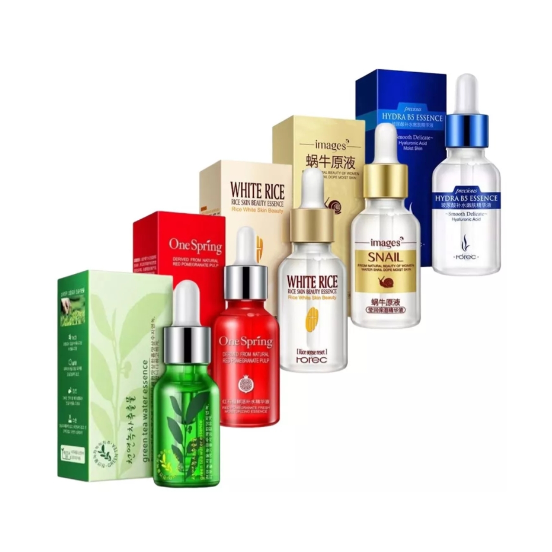 5 Serum Acido Hialuronico, White Rice, Te Verde, Granada y Baba Caracol.