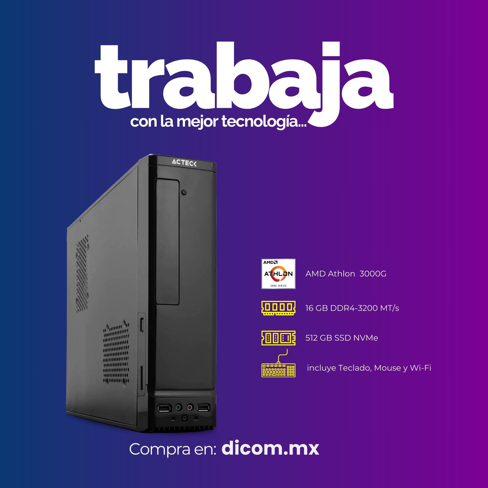 Computadora ATOM AMD Athlon 3000G, 16 GB RAM, 512 GB SSD, incluye Teclado, Mouse y Wi-Fi