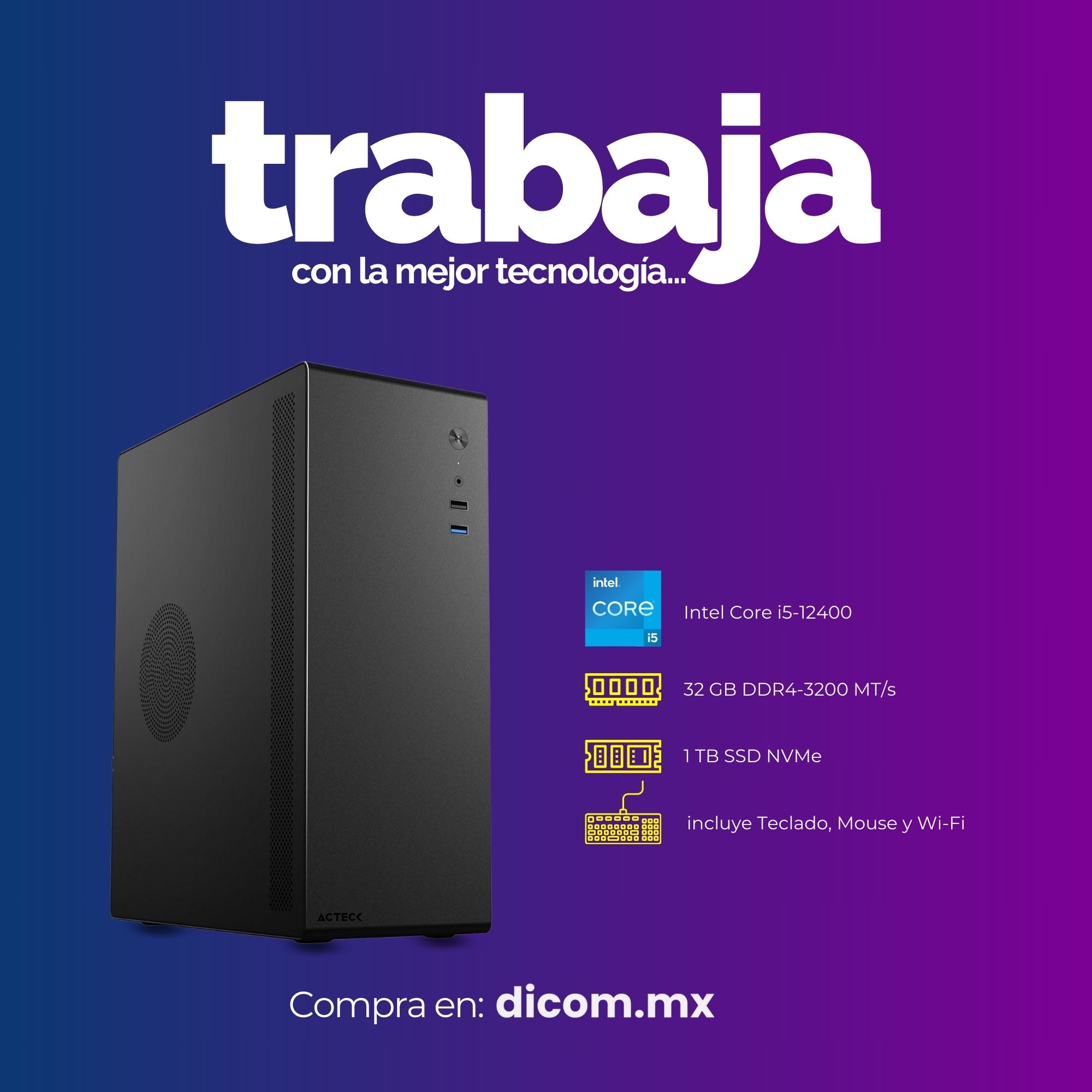 Computadora NEUSS Intel Core i5-12400, 32 GB RAM, 1 TB SSD, incluye Teclado, Mouse y Wi-Fi