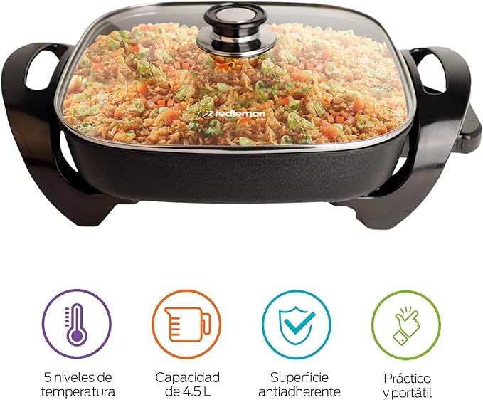 Redlemon Sartén Eléctrico Antiadherente de 4.5 Litros con Tapa de Vidrio Templado y Regulador Ajustable de Hasta 5 Temperaturas, Sartén con Parrilla Eléctrica Ideal para Cocinar Todo Tipo de Platillos.