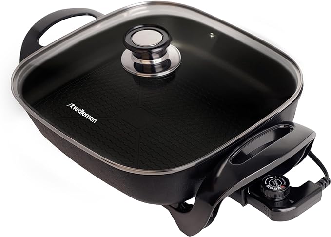 Redlemon Sartén Eléctrico Antiadherente de 4.5 Litros con Tapa de Vidrio Templado y Regulador Ajustable de Hasta 5 Temperaturas, Sartén con Parrilla Eléctrica Ideal para Cocinar Todo Tipo de Platillos.