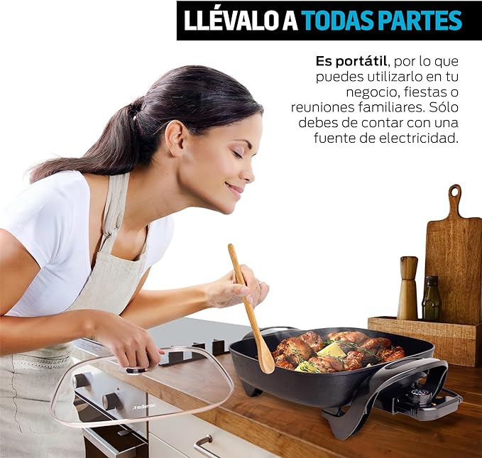Redlemon Sartén Eléctrico Antiadherente de 4.5 Litros con Tapa de Vidrio Templado y Regulador Ajustable de Hasta 5 Temperaturas, Sartén con Parrilla Eléctrica Ideal para Cocinar Todo Tipo de Platillos.