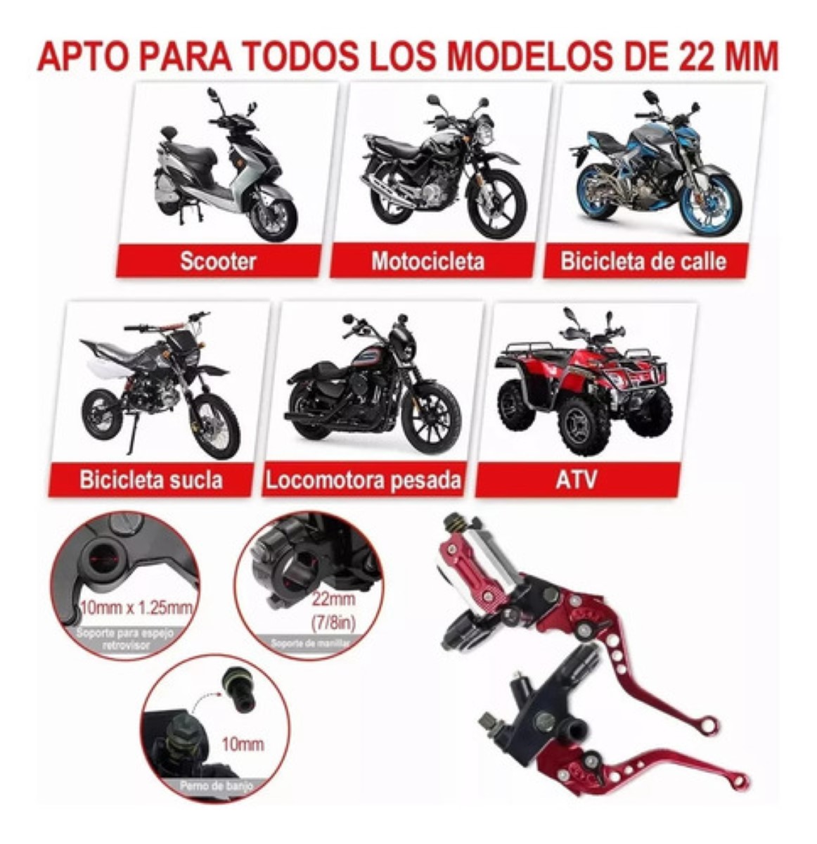 "Palancas Moto Universales Y Palanca De Freno 22mm Aluminio negro Rojo "