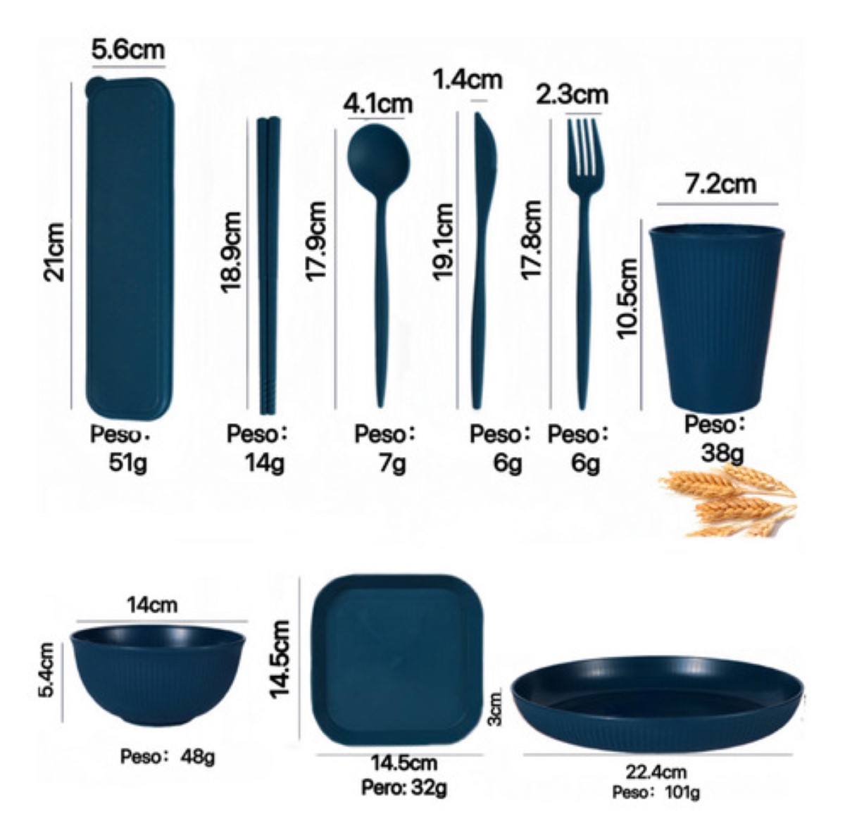 "Vajilla De 36pzs Juego Cocina Paja Trigo Ecológico  Azul "