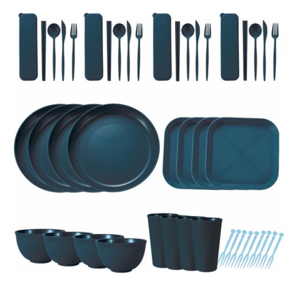 "Vajilla De 36pzs Juego Cocina Paja Trigo Ecológico  Azul "