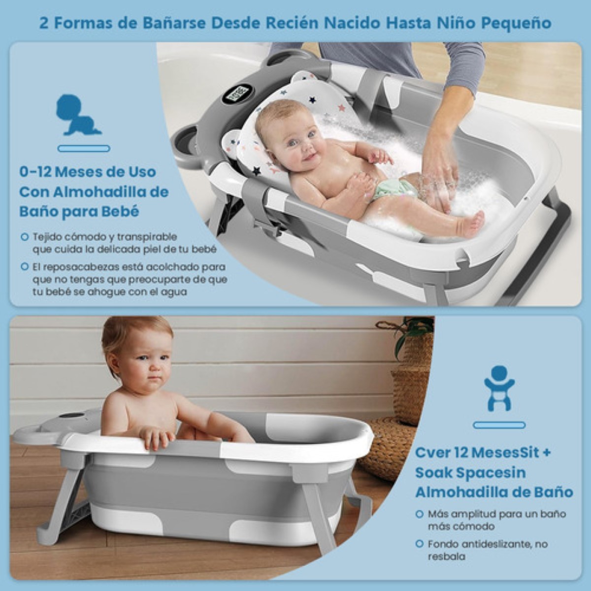 Bañera Bebés Plegable Tina De Baño Con Cojín  Gris