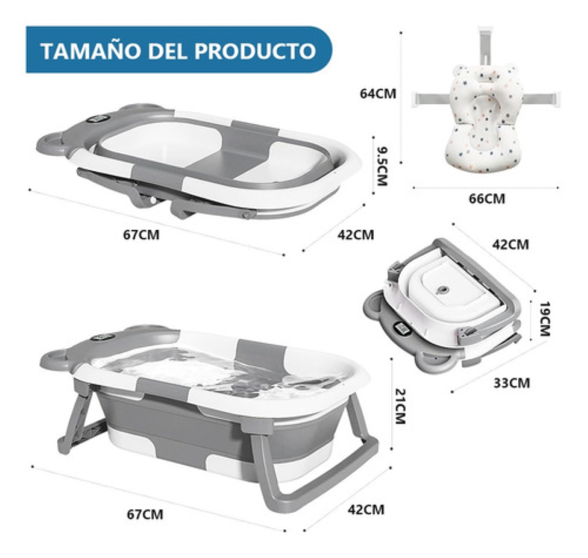 Bañera Bebés Plegable Tina De Baño Con Cojín  Gris