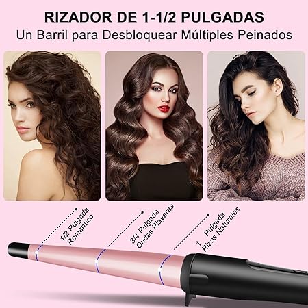A Rizador de Pelo Profesional, Moldeador Cabello de Cerámica 1 Tubo, Juego de Rizadora para Cabello con Guantes Peines y Clips, Calentamiento Rápido y Temperatura Ajustable, para Todo Tipo de Pelo.