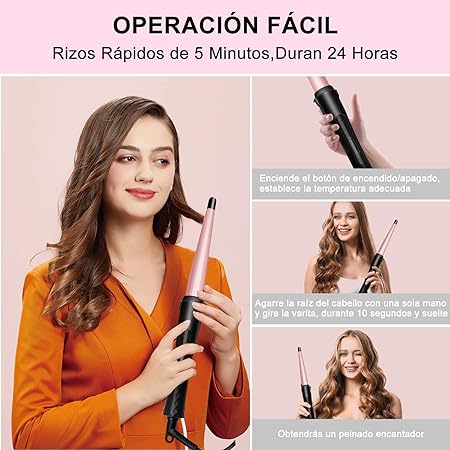 A Rizador de Pelo Profesional, Moldeador Cabello de Cerámica 1 Tubo, Juego de Rizadora para Cabello con Guantes Peines y Clips, Calentamiento Rápido y Temperatura Ajustable, para Todo Tipo de Pelo.