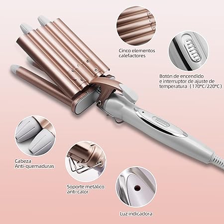 A Rizador de Pelo, Ondas Cerámica con Temperatura Ajustable, Cinco Tubo Rizador de Cabello de 22mm, se Calienta Rápidamente para Mujer Cabello Largo/Corto y Viajero Regalo.