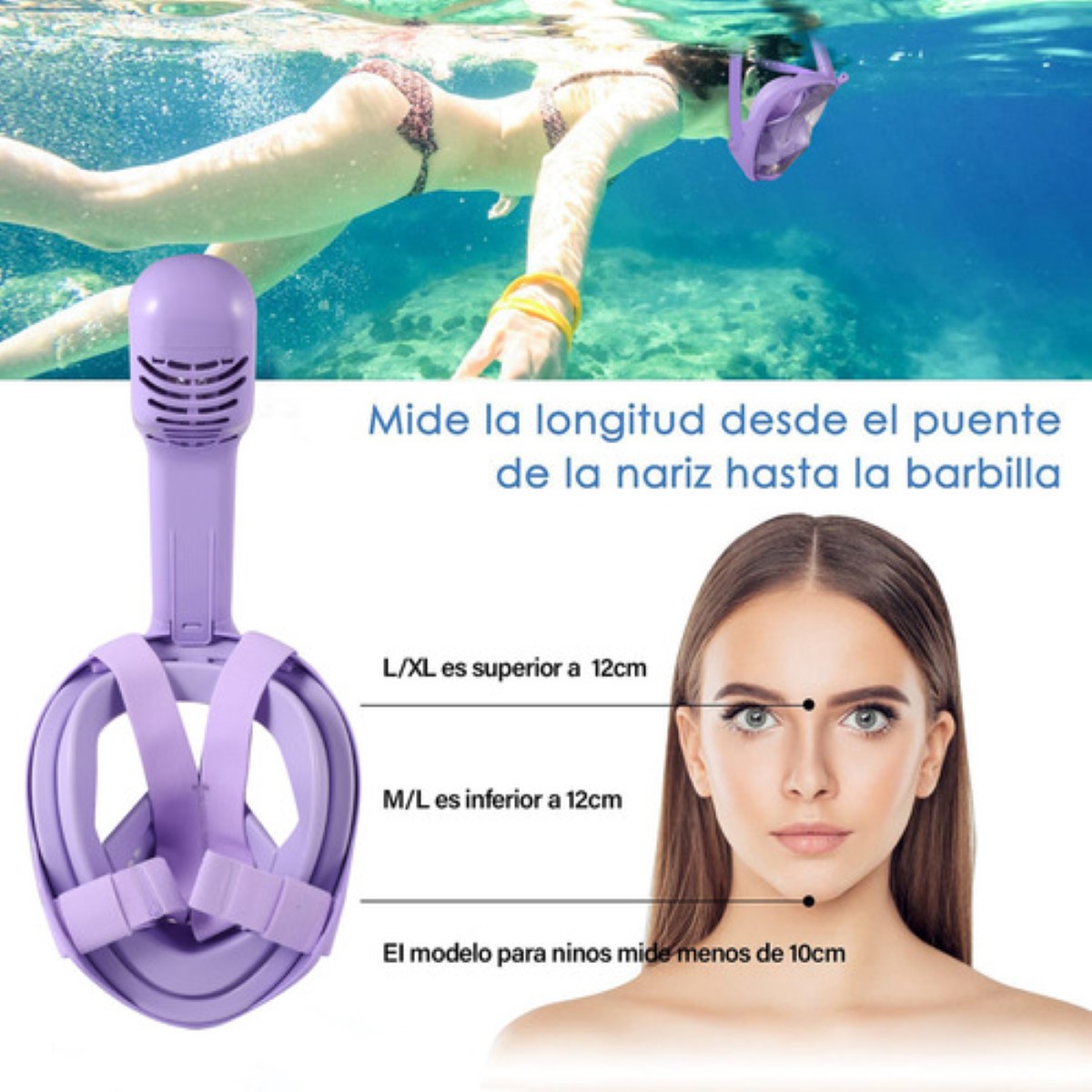 Máscara De Snorkel Con Bolsa Impermeable Morado Talla L/XL