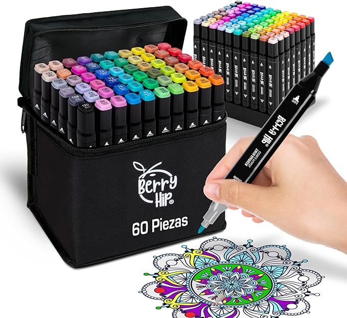 A Set de 60 Plumones Marcadores Doble Punta para Colorear, Incluye Base de Ordenamiento, Ideal para Crear Diseños Coloridos,Perfecto para Artistas y Aficionados.
